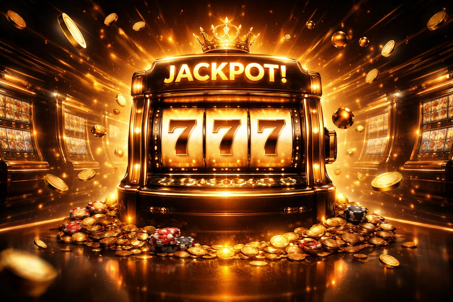 Hình ảnh một màn hình trò chơi nổ hũ với các biểu tượng may mắn và thông báo trúng jackpot lớn.